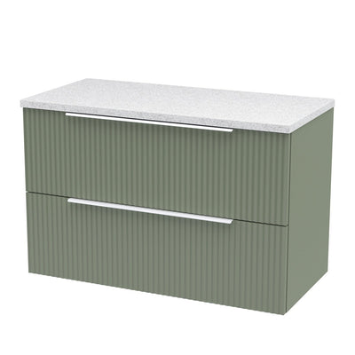 Hudson Reed Fluted Wall Hung 800mm Vanity Unit With 2 Drawers & Worktop - Satin Green & White Sparkle Worktop