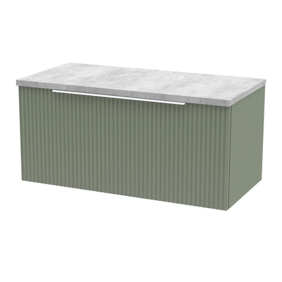 Hudson Reed Fluted Wall Hung 800mm Vanity Unit With 1 Drawer & Worktop - Satin Green & Bellato Grey Worktop