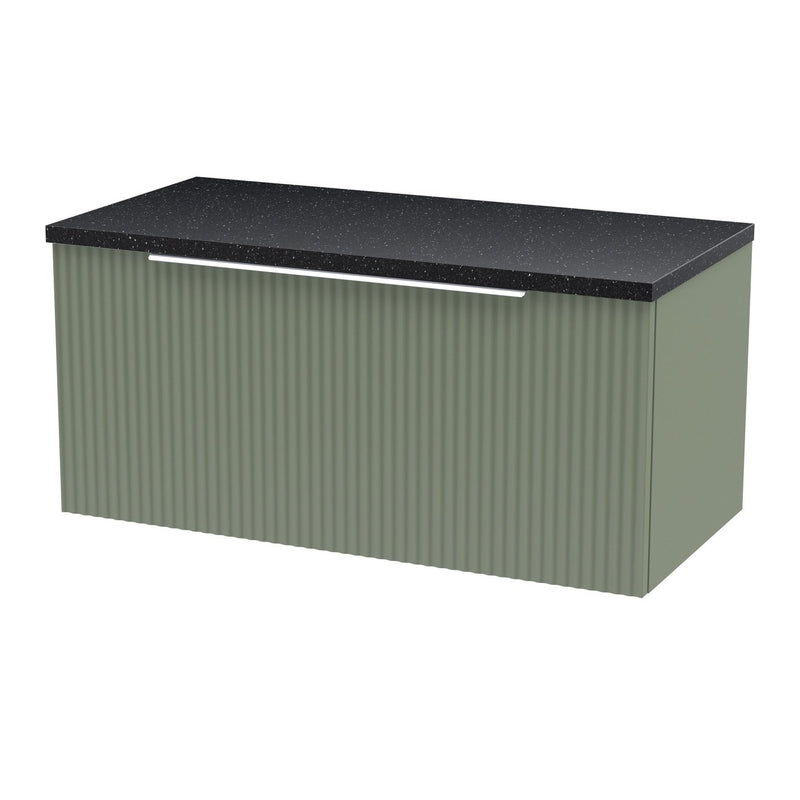 Hudson Reed Fluted Wall Hung 800mm Vanity Unit With 1 Drawer & Worktop - Satin Green & Black Sparkle Worktop