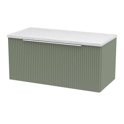 Hudson Reed Fluted Wall Hung 800mm Vanity Unit With 1 Drawer & Worktop - Satin Green & White Sparkle Worktop