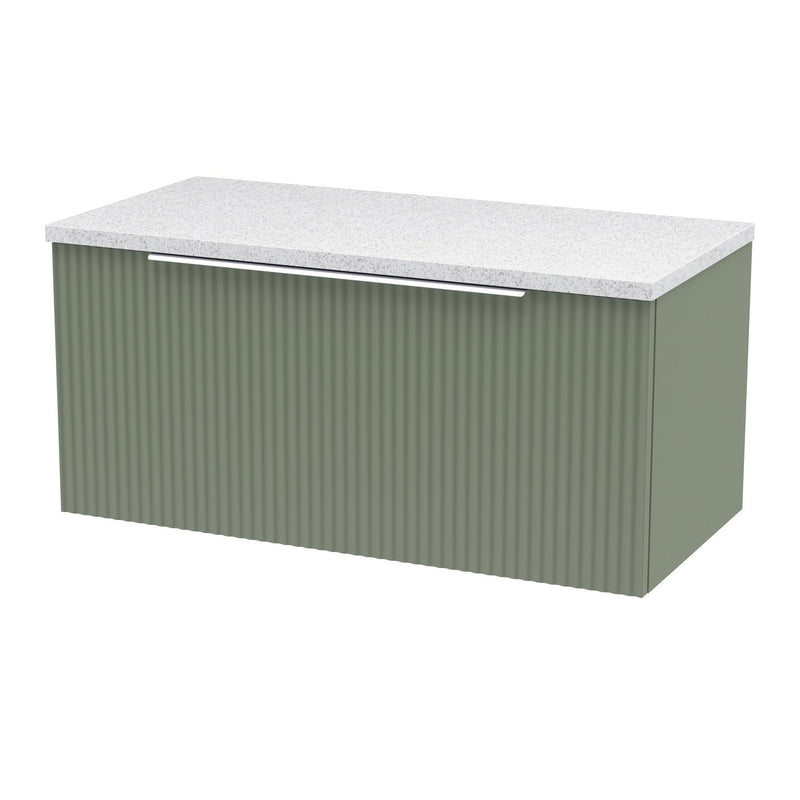 Hudson Reed Fluted Wall Hung 800mm Vanity Unit With 1 Drawer & Worktop - Satin Green & White Sparkle Worktop