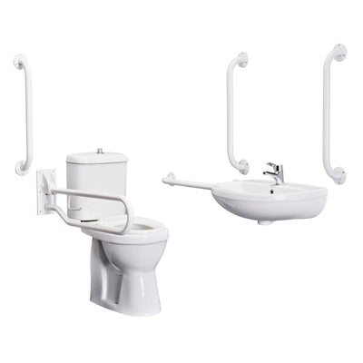Nuie Doc M Pack With Comfort Height Toilet, Seat, Wall Mounted Basin, Tap, 5 Grab Rails & Drop Down Rail - White