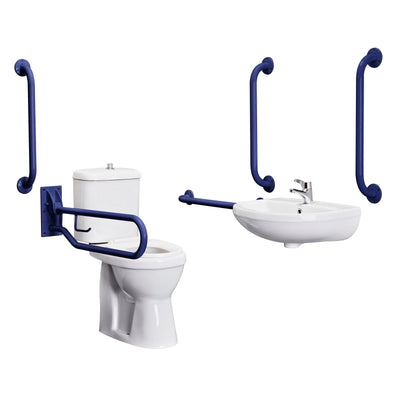 Nuie Doc M Pack With Comfort Height Toilet, Seat, Wall Mounted Basin, Tap, 5 Grab Rails & Drop Down Rail - Blue