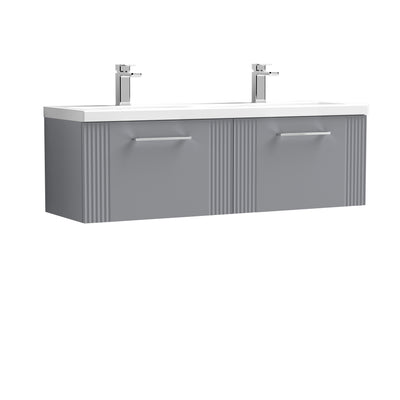 Nuie Deco 1200 x 383mm Wall Hung Vanity Unit With 2 Drawers & Twin Ceramic Basin - Grey Satin
