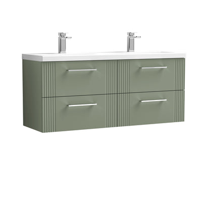 Nuie Deco 1200 x 383mm Wall Hung Vanity Unit With 4 Drawers & Twin Ceramic Basin - Green Satin