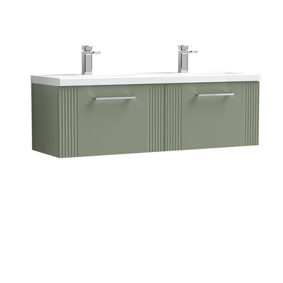 Nuie Deco 1200 x 383mm Wall Hung Vanity Unit With 2 Drawers & Twin Ceramic Basin - Green Satin