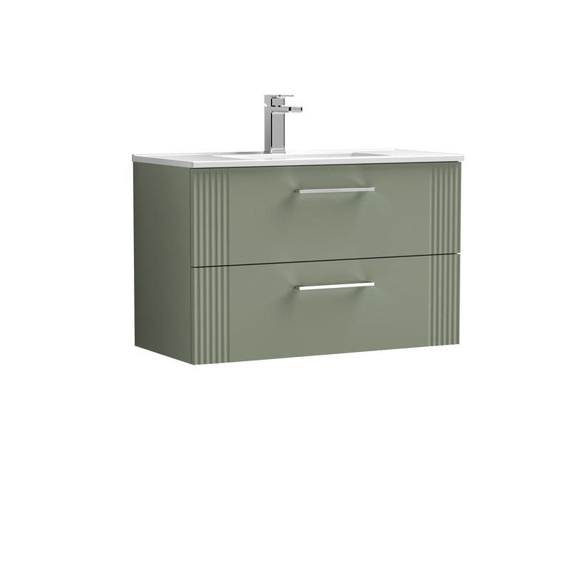 Nuie Deco 800 x 383mm Wall Hung Vanity Unit With 2 Drawers & Minimalist Basin - Green Satin