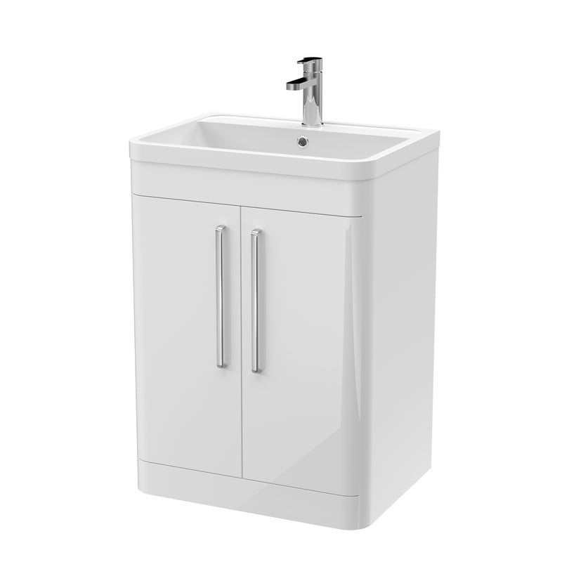 Nuie Parade 600 x 450mm Floor Standing Vanity Unit With 2 Doors & Polymarble Basin - White Gloss