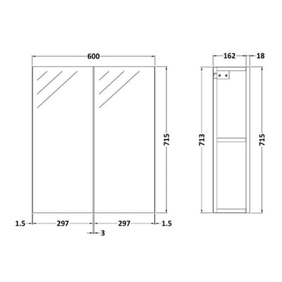Nuie Arno 600 x 180mm Mirror Cabinet With 2 Doors