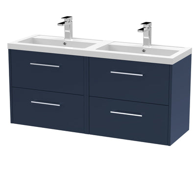 Hudson Reed Juno Wall Hung 1200mm Vanity Unit With 4 Drawers & Twin Polymarble Basin - Matt Electric Blue
