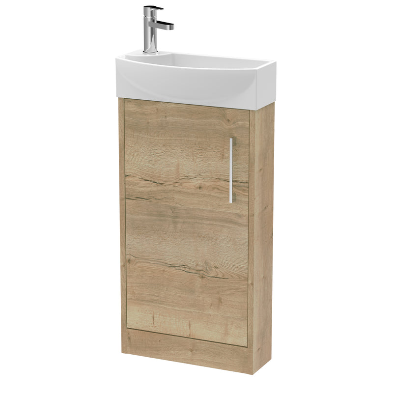 Hudson Reed Juno Compact Floor Standing 440mm Vanity Unit With Ceramic Basin - Right Hand - Autumn Oak