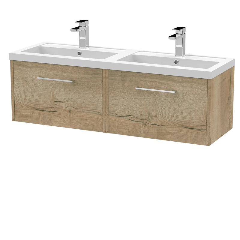 Hudson Reed Juno Wall Hung 1200mm Vanity Unit With 2 Drawers & Twin Polymarble Basin - Autumn Oak