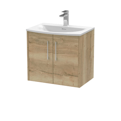 Hudson Reed Juno Wall Hung 600mm Vanity Unit With 2 Doors & Curved Ceramic Basin - Autumn Oak