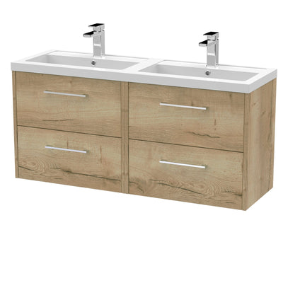 Hudson Reed Juno Wall Hung 1200mm Vanity Unit With 4 Drawers & Twin Polymarble Basin - Autumn Oak