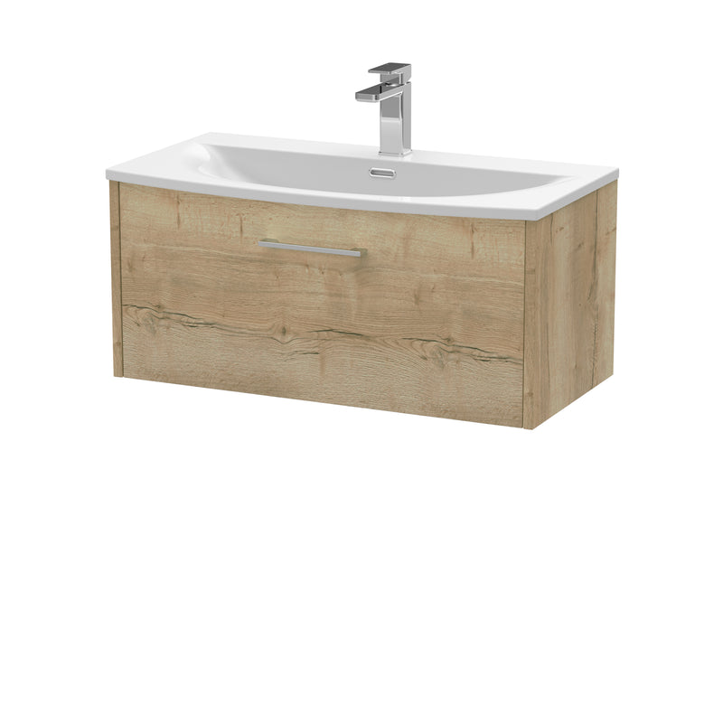Hudson Reed Juno Wall Hung 800mm Vanity Unit With 1 Drawer & Curved Ceramic Basin - Autumn Oak
