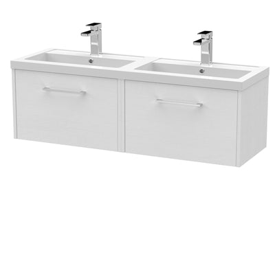 Hudson Reed Juno Wall Hung 1200mm Vanity Unit With 2 Drawers & Twin Polymarble Basin - White Ash