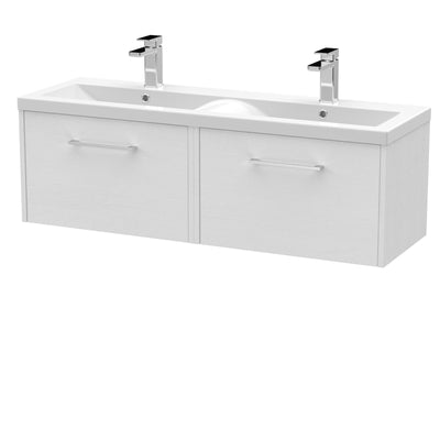 Hudson Reed Juno Wall Hung 1200mm Vanity Unit With 2 Drawers & Twin Ceramic Basin - White Ash