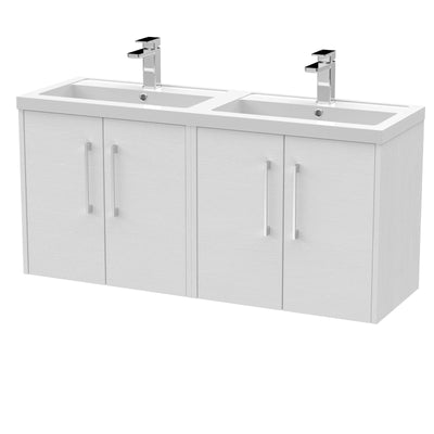 Hudson Reed Juno Wall Hung 1200mm Vanity Unit With 4 Doors & Twin Polymarble Basin - White Ash