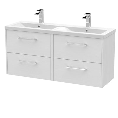 Hudson Reed Juno Wall Hung 1200mm Vanity Unit With 4 Drawers & Twin Ceramic Basin - White Ash