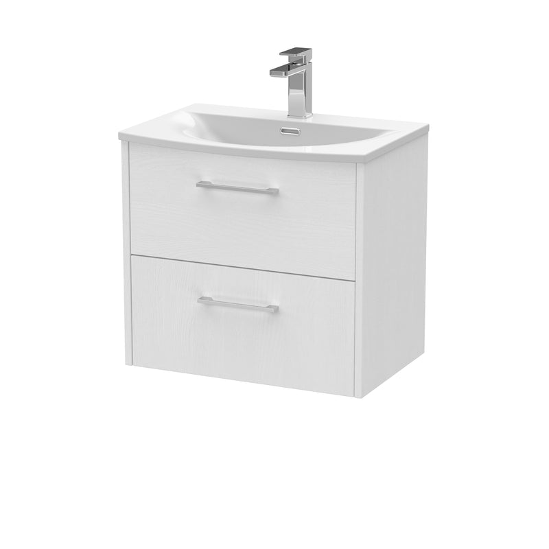 Hudson Reed Juno Wall Hung 600mm Vanity Unit With 2 Drawers & Curved Ceramic Basin - White Ash Woodgrain