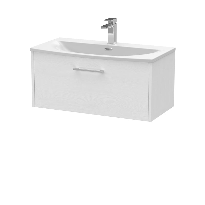 Hudson Reed Juno Wall Hung 800mm Vanity Unit With 1 Drawer & Curved Ceramic Basin - White Ash