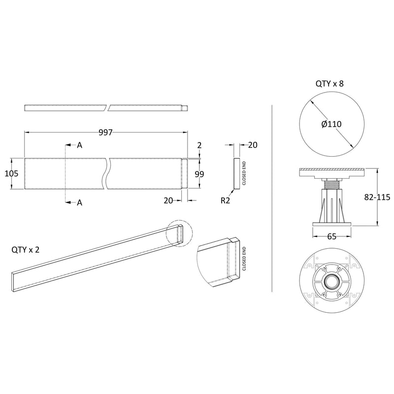 Slate Effect Easy Plumb Riser Kit For 1000mm Rectangular & Square Shower Trays