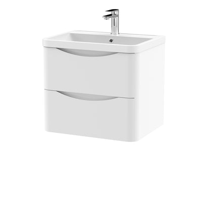 Nuie Lunar 600 x 445mm Wall Hung Vanity Unit With 2 Drawers & Polymarble Basin - White Satin