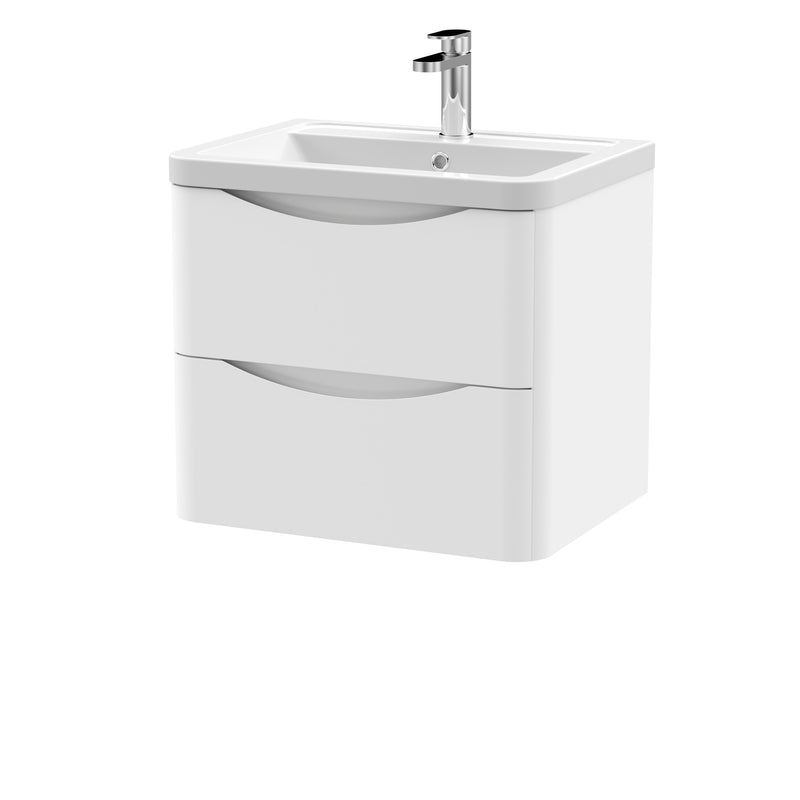 Nuie Lunar 600 x 445mm Wall Hung Vanity Unit With 2 Drawers & Ceramic Basin - White Satin