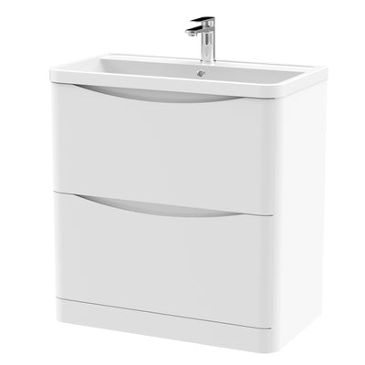 Nuie Lunar 800 x 445mm Floor Standing Vanity Unit With 2 Drawers & Polymarble Basin - White Satin