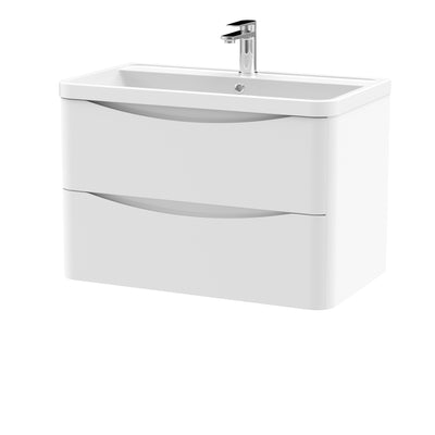 Nuie Lunar 800 x 445mm Wall Hung Vanity Unit With 2 Drawers & Polymarble Basin - White Satin