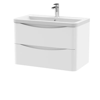 Nuie Lunar 800 x 445mm Wall Hung Vanity Unit With 2 Drawers & Ceramic Basin - White Satin