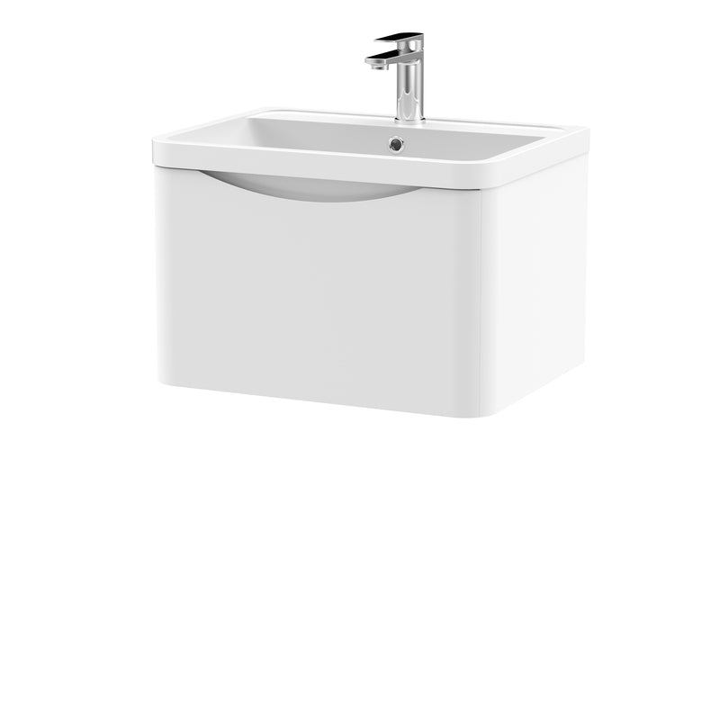 Nuie Lunar 600 x 445mm Wall Hung Vanity Unit With 1 Drawer & Polymarble Basin - White Satin