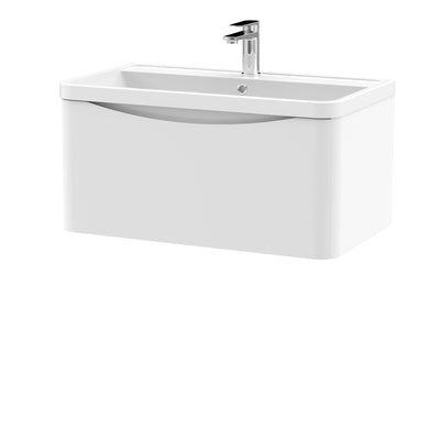 Nuie Lunar 800 x 445mm Wall Hung Vanity Unit With 1 Drawer & Polymarble Basin - White Satin