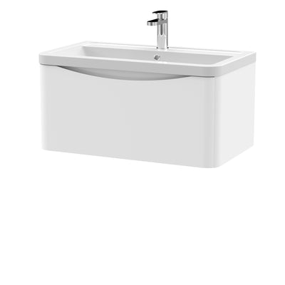 Nuie Lunar 800 x 445mm Wall Hung Vanity Unit With 1 Drawer & Ceramic Basin - White Satin