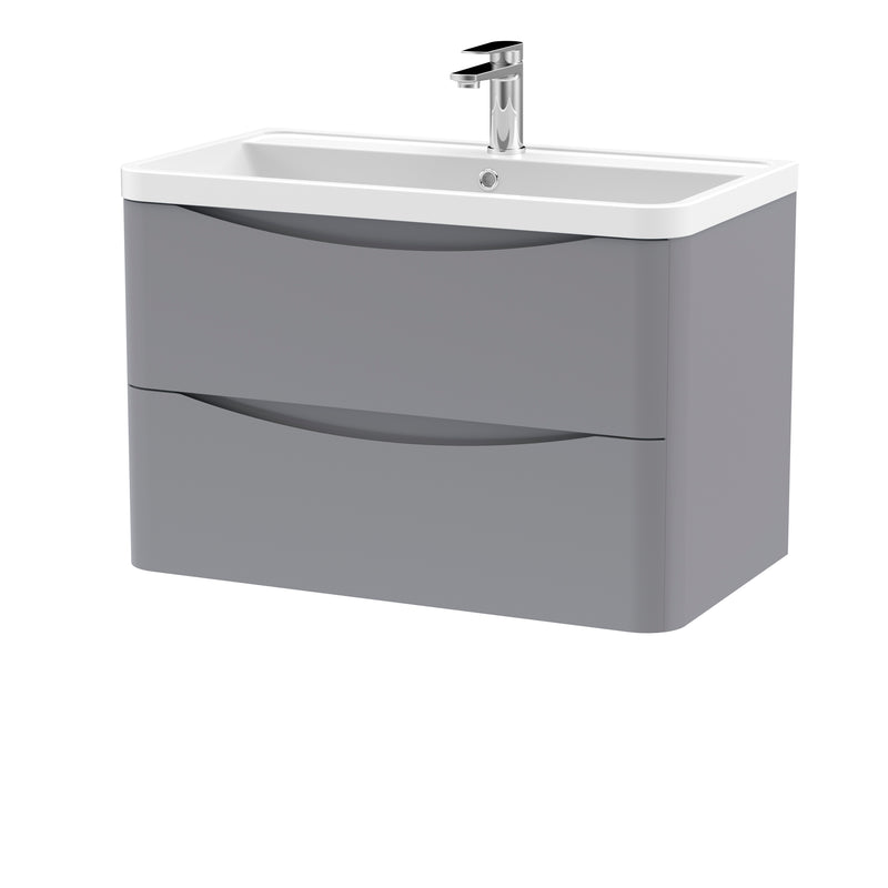 Nuie Lunar 800 x 445mm Wall Hung Vanity Unit With 2 Drawers & Polymarble Basin - Grey Satin