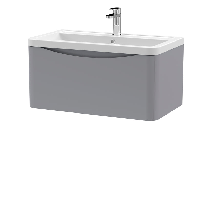Nuie Lunar 800 x 445mm Wall Hung Vanity Unit With 1 Drawer & Ceramic Basin - Grey Satin