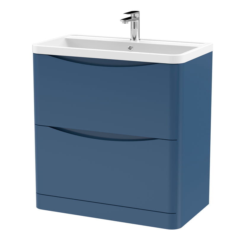 Nuie Lunar 800 x 445mm Floor Standing Vanity Unit With 2 Drawers & Polymarble Basin - Blue Satin