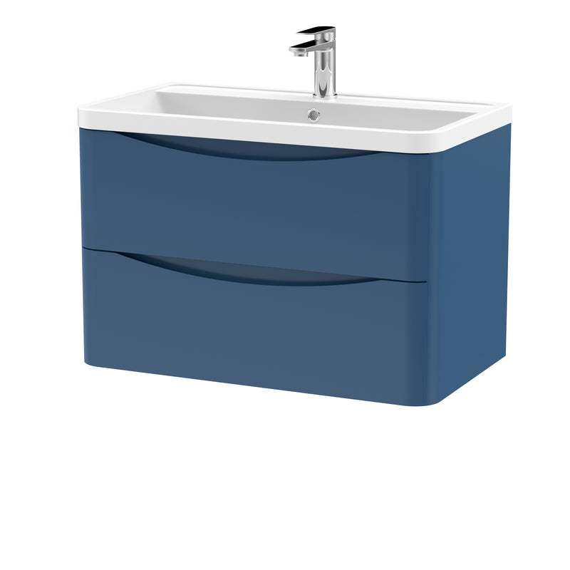 Nuie Lunar 800 x 445mm Wall Hung Vanity Unit With 2 Drawers & Polymarble Basin - Blue Satin
