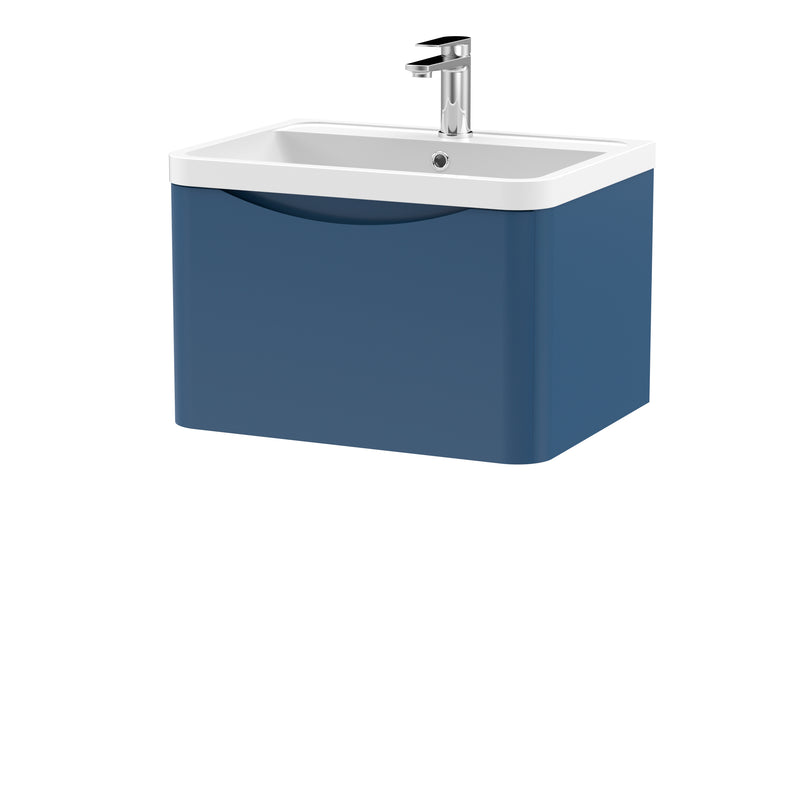 Nuie Lunar 600 x 445mm Wall Hung Vanity Unit With 1 Drawer & Polymarble Basin - Blue Satin