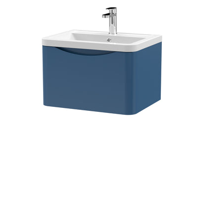 Nuie Lunar 600 x 445mm Wall Hung Vanity Unit With 1 Drawer & Ceramic Basin - Blue Satin
