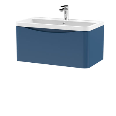Nuie Lunar 800 x 445mm Wall Hung Vanity Unit With 1 Drawer & Polymarble Basin - Blue Satin