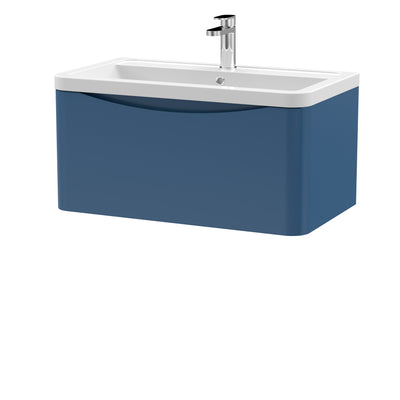 Nuie Lunar 800 x 445mm Wall Hung Vanity Unit With 1 Drawer & Ceramic Basin - Blue Satin