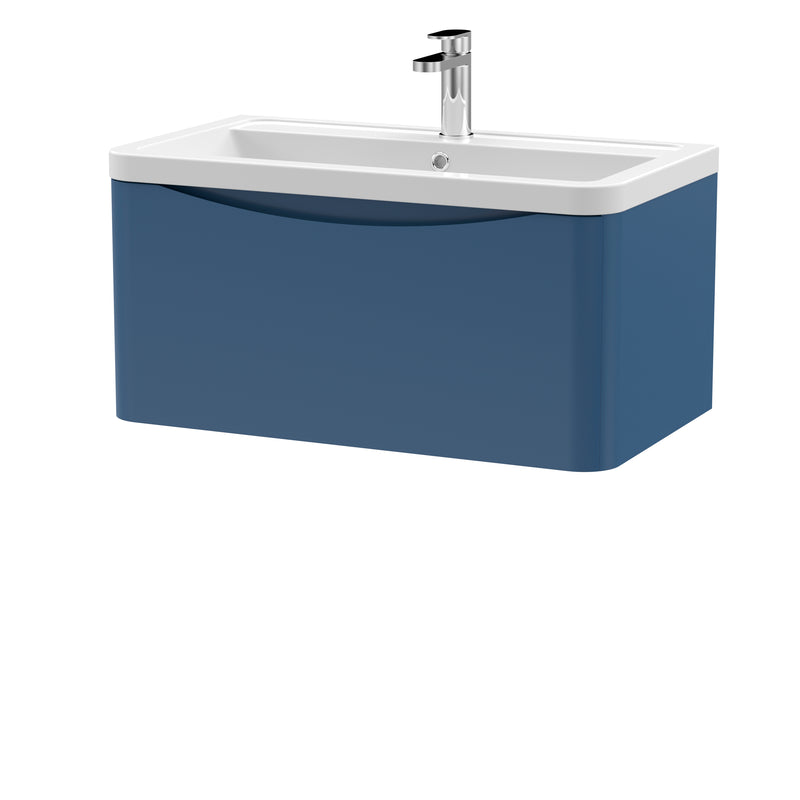 Nuie Lunar 800 x 445mm Wall Hung Vanity Unit With 1 Drawer & Ceramic Basin - Blue Satin