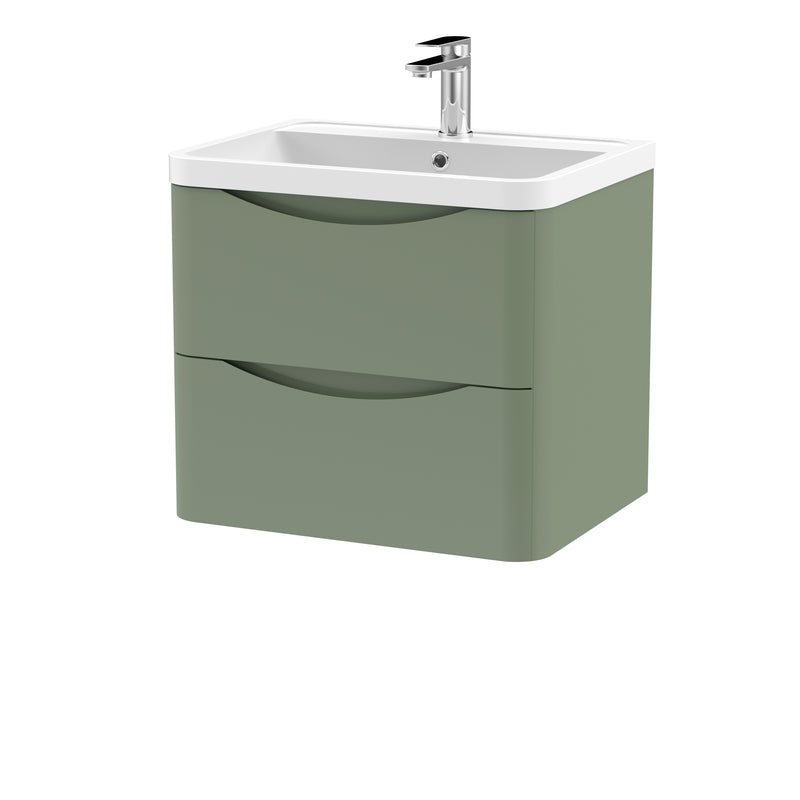Nuie Lunar 600 x 445mm Wall Hung Vanity Unit With 2 Drawers & Polymarble Basin - Green Satin