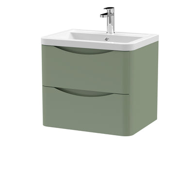 Nuie Lunar 600 x 445mm Wall Hung Vanity Unit With 2 Drawers & Ceramic Basin - Green Satin