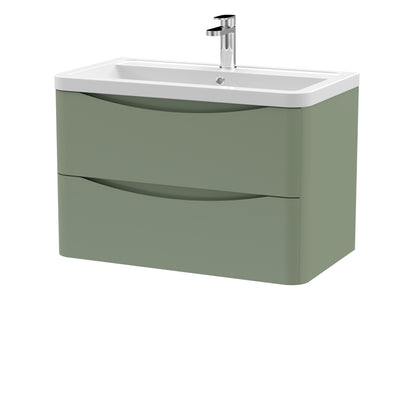 Nuie Lunar 800 x 445mm Wall Hung Vanity Unit With 2 Drawers & Ceramic Basin - Green Satin