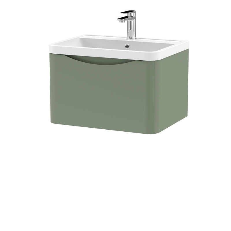Nuie Lunar 600 x 445mm Wall Hung Vanity Unit With 1 Drawer & Polymarble Basin - Green Satin