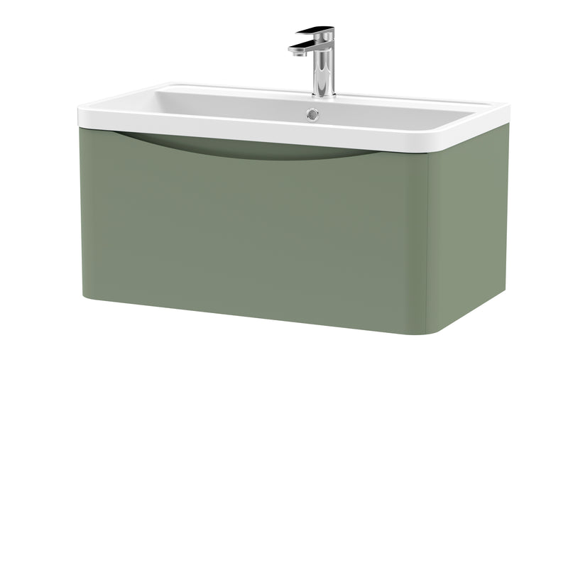 Nuie Lunar 800 x 445mm Wall Hung Vanity Unit With 1 Drawer & Polymarble Basin - Green Satin