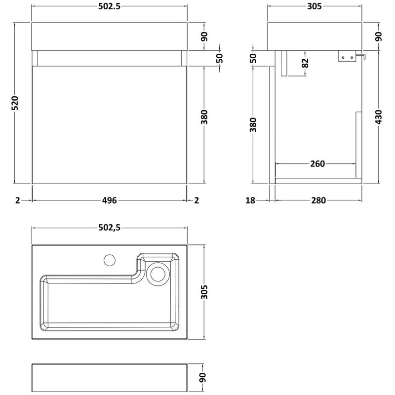 Nuie Merit Slimline 500 x 298mm Wall Hung Vanity Unit With Single Door & Basin