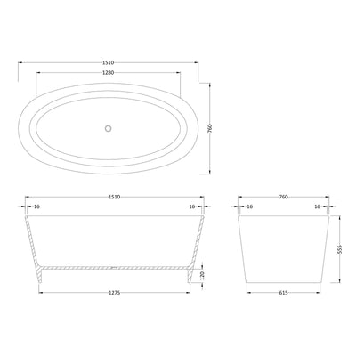 Hudson Reed Rose Oval Freestanding Solid Cian Bath 1510 x 760mm - Silk Matt